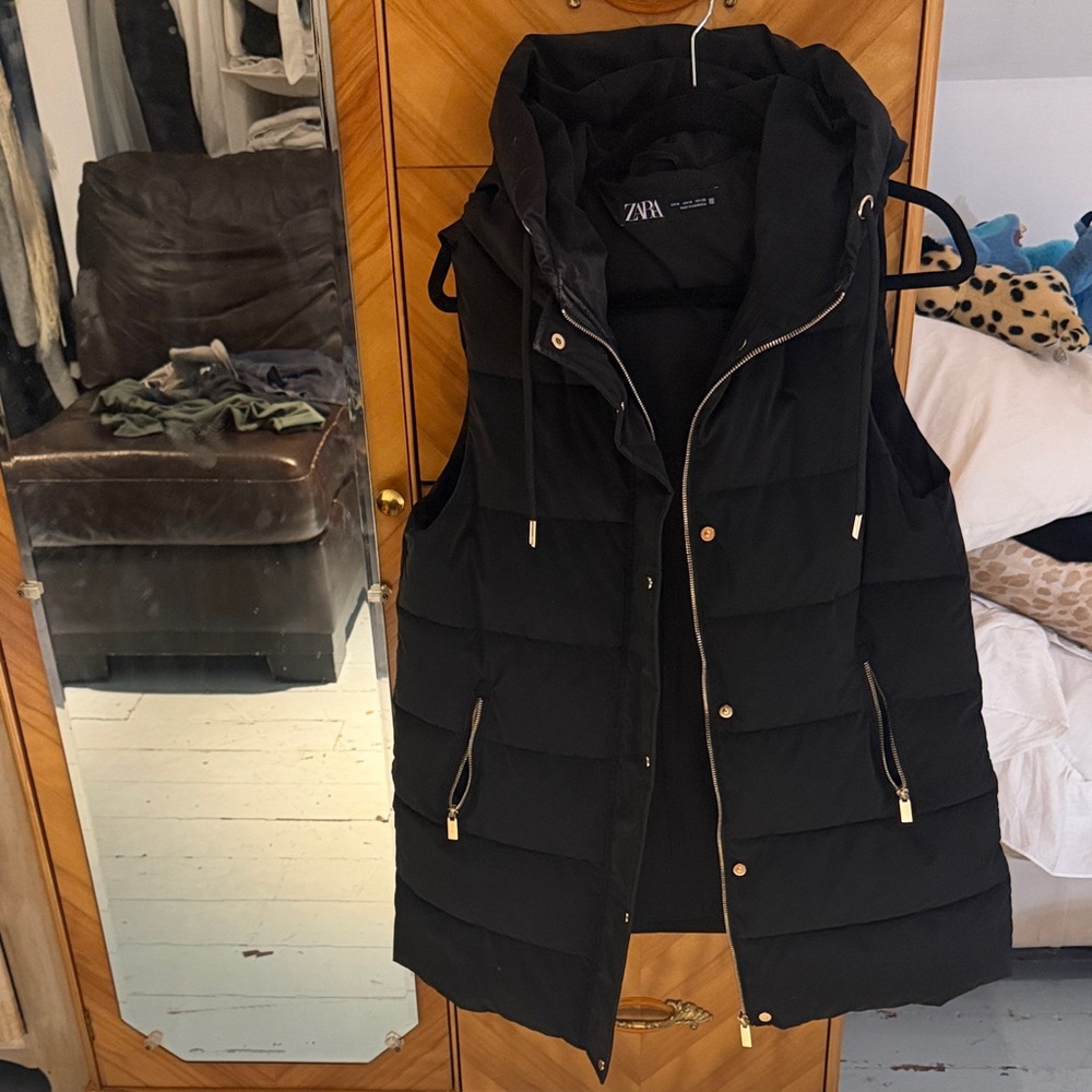 Zara Women's Black Quilted Vest with Gold Accents